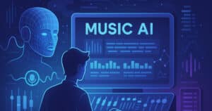 Illustrazione futuristica che rappresenta come creare musica con intelligenza artificiale, con un creator che lavora in uno studio digitale su un’interfaccia AI panoramica