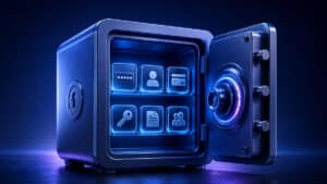 Rappresentazione di un vault digitale protetto che simboleggia 1Password e la protezione delle credenziali