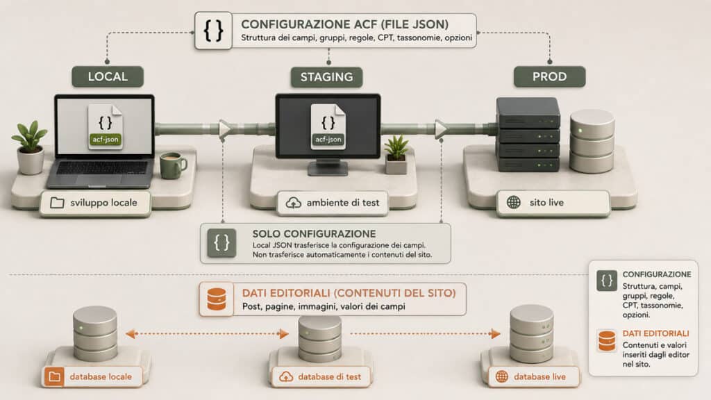 Advanced Custom Fields (ACF): cos’è, come funziona e come usarlo su WordPress 2 Workflow Local JSON di ACF tra ambiente locale, staging e produzione