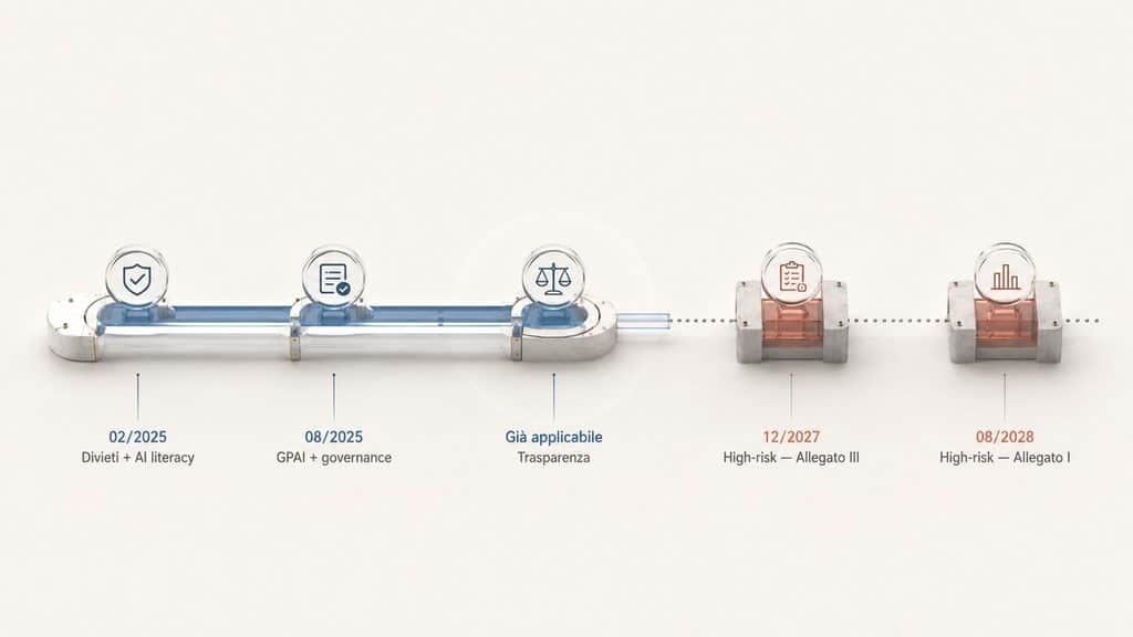 Artificial Intelligence Act: cos’è, cosa prevede l’AI Act e quali obblighi impone 1 Timeline delle principali fasi di applicazione dell'Artificial Intelligence Act con le scadenze dei sistemi ad alto rischio