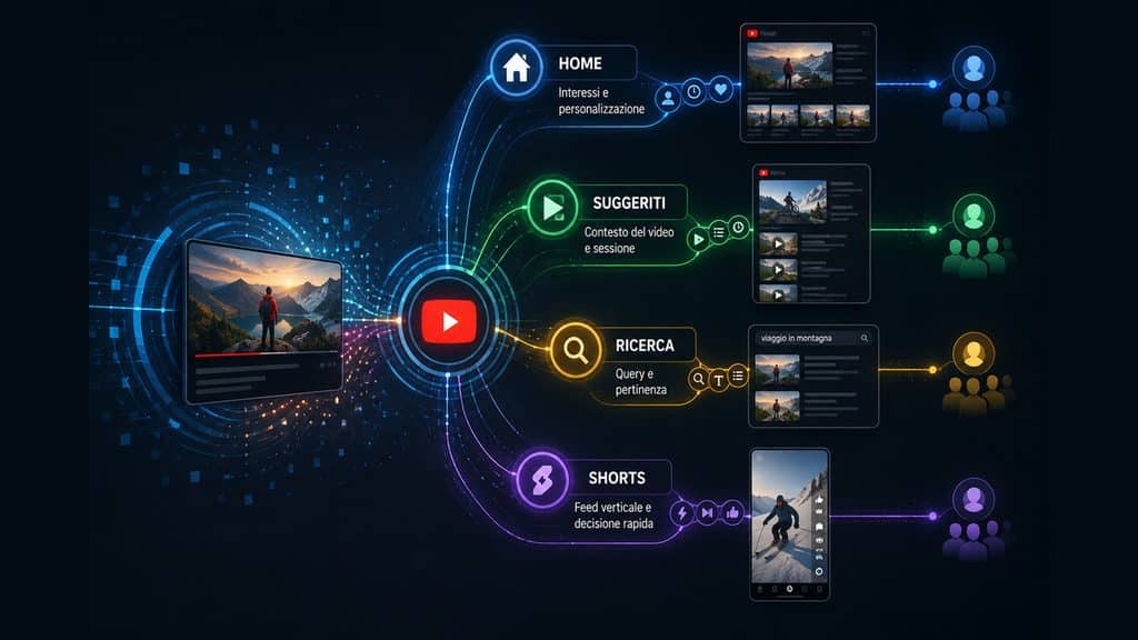 Algoritmo YouTube: come funziona davvero e cosa conta per le visualizzazioni 1 Diagramma dei diversi sistemi di raccomandazione YouTube per Home, Ricerca, video suggeriti e Shorts