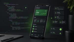 Postazione di sviluppo Android con smartphone, codice Kotlin e componenti per creare un'app