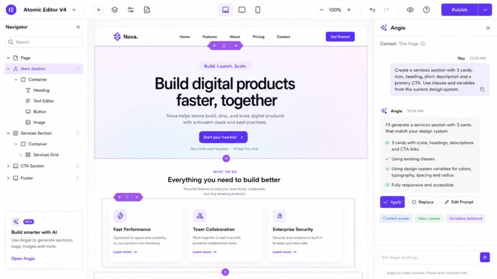 Elementor 4.2 cambia il page builder: Atomic Editor e Angie portano WordPress nell’era dei prompt 3 Mockup del pannello Angie nell’Elementor Atomic Editor durante la generazione di una struttura da prompt
