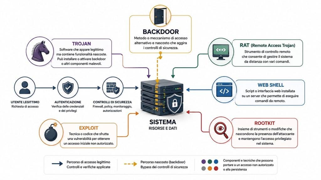 Backdoor: cos’è, come funziona, come riconoscerla e come difendersi 1 Schema delle differenze tra backdoor, Trojan, RAT, rootkit, web shell ed exploit e dei percorsi di accesso a un sistema