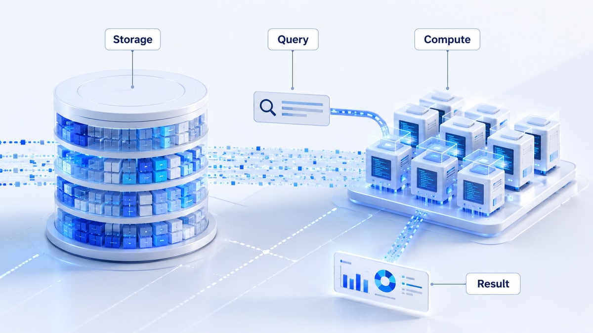Google BigQuery: cos'è, come funziona, quanto costa e quando usarlo 1 Schema dell'architettura BigQuery con storage e capacità di calcolo separati