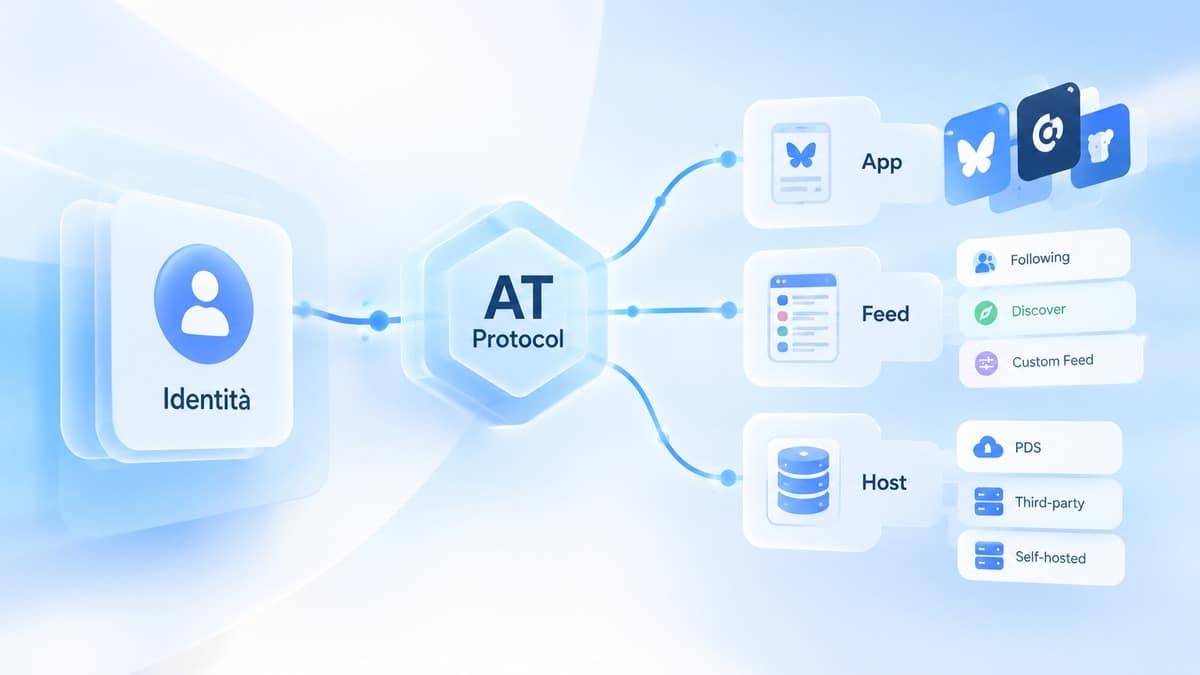 Bluesky: cos’è, come funziona e cosa cambia rispetto a X e Threads 1 Schema dell’identità collegata tramite AT Protocol a diverse applicazioni, feed e servizi