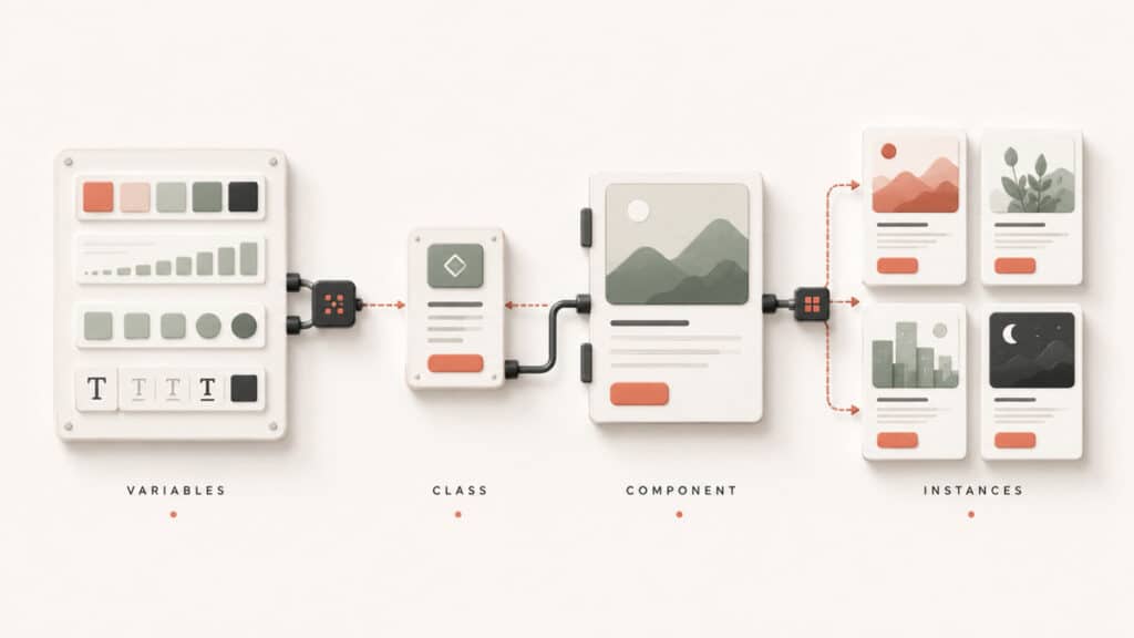 Bricks Builder: cos’è, come funziona, quanto costa e quando conviene usarlo su WordPress 1 Schema del design system di Bricks Builder con variabili, classe globale, componente e istanze riutilizzate