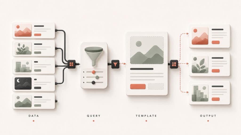Bricks Builder: cos’è, come funziona, quanto costa e quando conviene usarlo su WordPress 2 Flusso Bricks Builder da dati WordPress e query a template e card generate tramite Query Loop
