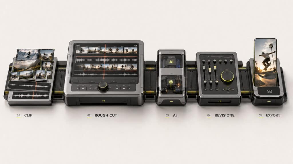 CapCut: cos’è, come funziona, prezzi e cosa puoi creare 2 Workflow di montaggio video in cinque fasi: clip, rough cut, strumenti AI, revisione manuale ed export finale.