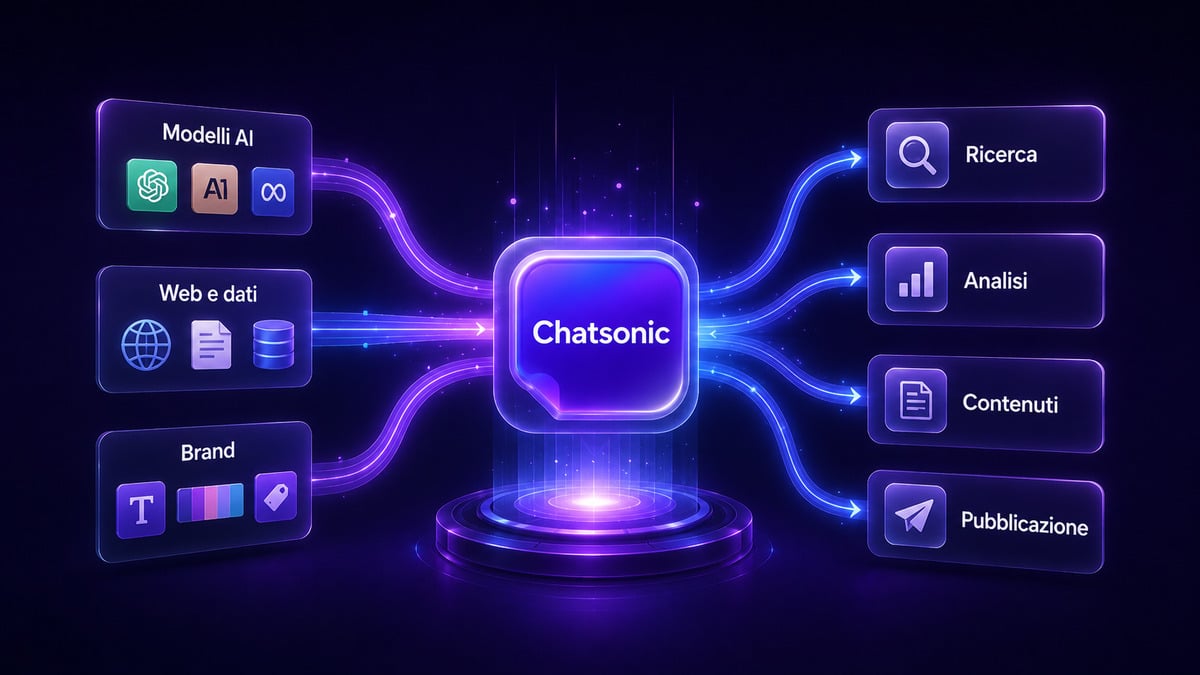 Chatsonic: cos’è, come funziona, prezzi, limiti e alternative 1 Workflow Chatsonic tra modelli AI, dati, brand, ricerca, analisi, contenuti e pubblicazione