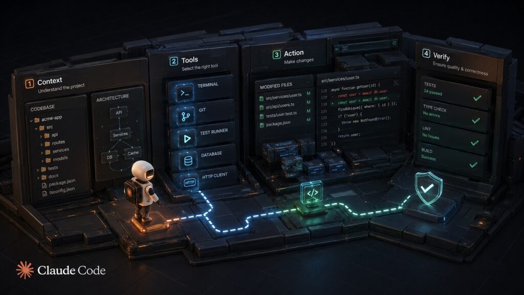Claude Code: cos’è, come funziona e come usarlo per programmare con l’AI 1 Workflow di Claude Code dal contesto del progetto alla scelta degli strumenti, modifica del codice e verifica finale.
