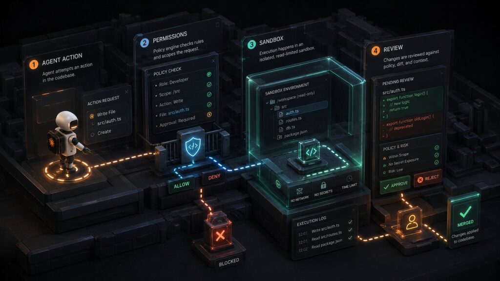Claude Code: cos’è, come funziona e come usarlo per programmare con l’AI 2 Flusso di sicurezza di Claude Code con azione dell'agente, controllo dei permessi, sandbox isolata e revisione delle modifiche.