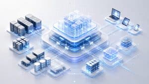 Rappresentazione di un'infrastruttura cloud con risorse di calcolo, storage, rete e database interconnesse