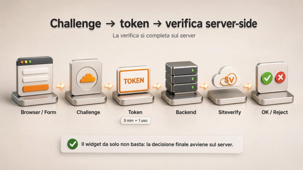 Cloudflare Turnstile: cos’è, come funziona e come usarlo su WordPress 1 Flusso Cloudflare Turnstile dal browser al token e alla verifica server-side Siteverify