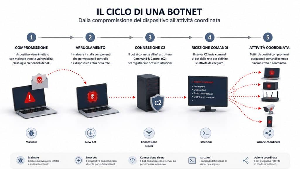 Botnet: cosa sono, come funzionano e come difendersi 1 Schema del ciclo di una botnet dalla compromissione del dispositivo al comando coordinato