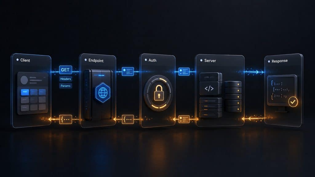 API: cosa sono, come funzionano e a cosa servono in informatica 1 Flusso di una chiamata API dal client all'endpoint, autenticazione, server e risposta