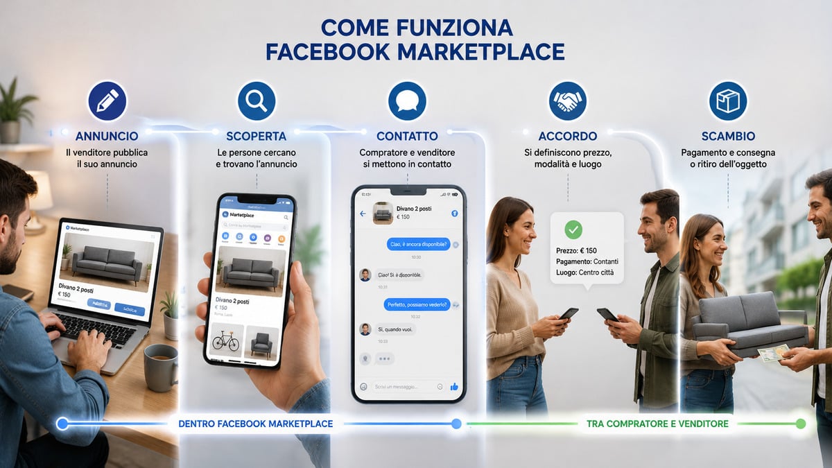 Facebook Marketplace: cos’è, come funziona e come comprare o vendere in sicurezza 1 Percorso da annuncio a scambio tra compratore e venditore su Facebook Marketplace