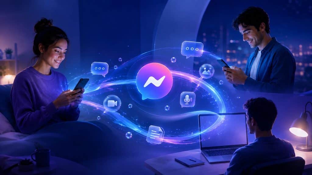 Facebook Messenger: cos'è, come funziona, a cosa serve e come usarlo 1 Schema visuale del funzionamento di Facebook Messenger tra persone e dispositivi