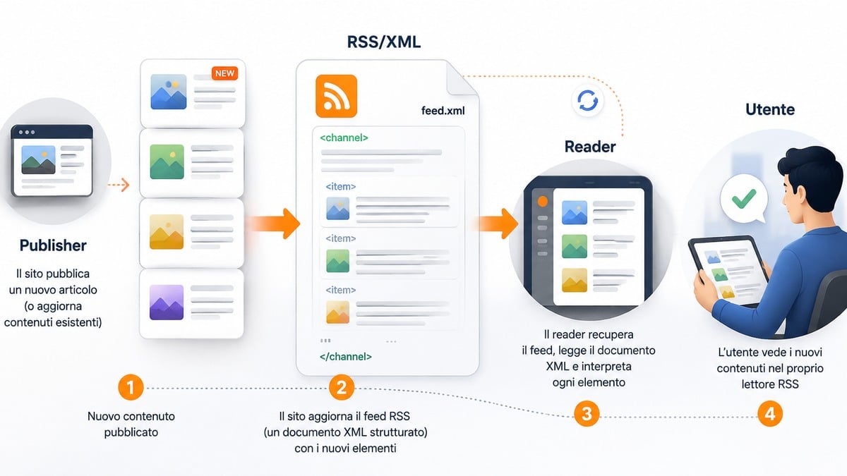 Feed RSS: cosa sono, come funzionano, a cosa servono e come usarli 1 Schema del funzionamento di un feed RSS dal publisher al reader