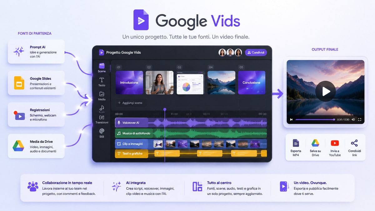 Google Vids: cos’è, come funziona e come creare video con l’AI 1 Workflow di Google Vids da prompt, presentazioni, registrazioni e media al video finale
