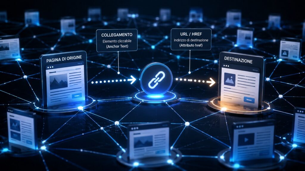 Link: cos’è, cosa significa e come funziona un collegamento ipertestuale 1 Diagramma del percorso da una pagina di origine attraverso un collegamento e un URL fino alla risorsa di destinazione link