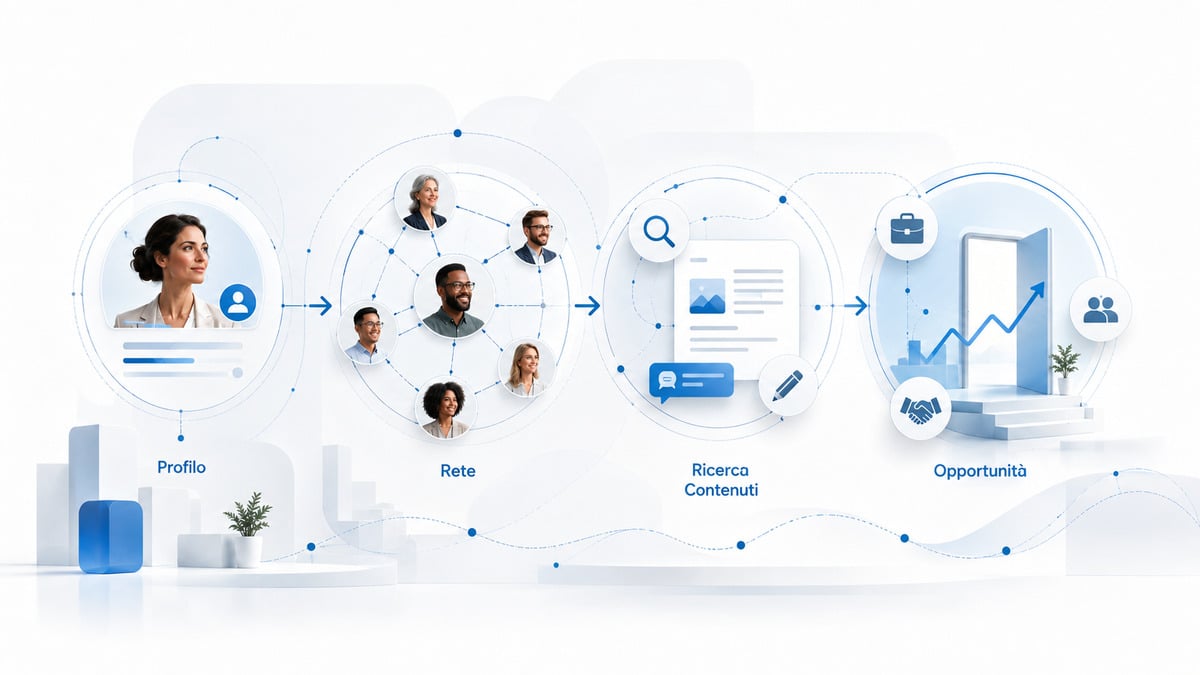LinkedIn: cos’è, a cosa serve e come funziona 1 Schema visuale di profilo, rete, ricerca, contenuti e opportunità su LinkedIn