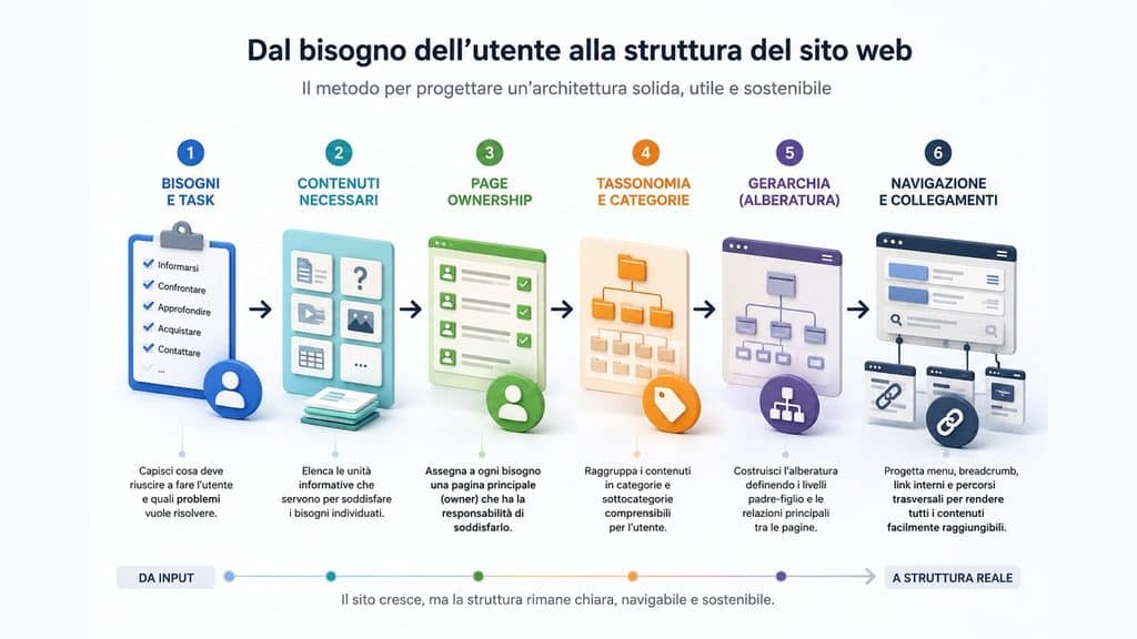 Struttura sito web: come progettare architettura, alberatura e navigazione 1 Processo per progettare la struttura di un sito web dai bisogni degli utenti alla navigazione