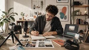 Content creator al lavoro con videocamera, microfono, laptop e strumenti per creare contenuti digitali
