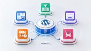 Home 8 Rappresentazione dell'ecosistema Crocoblock con moduli WordPress dinamici collegati