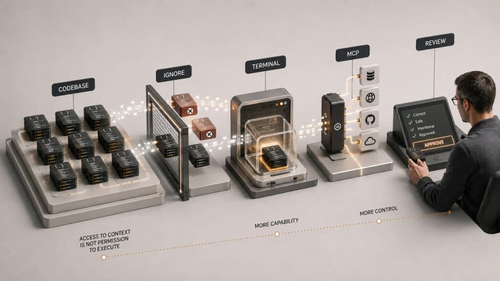 Cursor AI: cos'è, come funziona e come usare l'editor AI per programmare 2 Modello di controllo di Cursor tra codebase, file esclusi, terminale, MCP e revisione umana