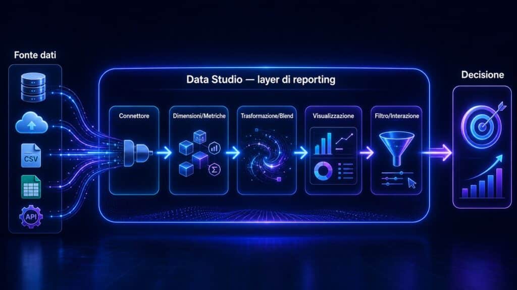 Data Studio (ex Looker Studio): cos’è, come funziona e come creare dashboard utili 1 Flusso da fonti dati a connettore, dimensioni e metriche, trasformazione, visualizzazione e filtri fino alla decisione in Data Studio.