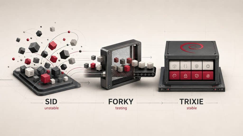 Debian: cos’è, versioni, installazione e come usarlo su un server 1 Schema del passaggio da Debian unstable Sid a testing Forky e stable Trixie