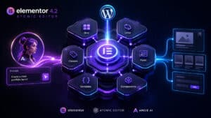 Home 8 Rappresentazione concettuale di Elementor Atomic Editor collegato a un agente AI che genera componenti e layout WordPress