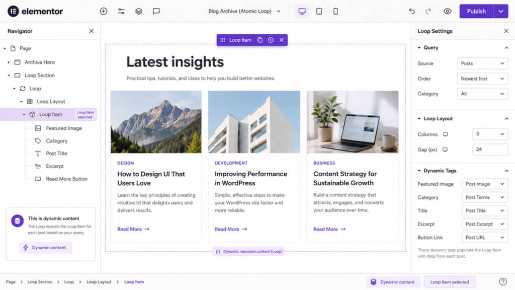 Elementor 4.2 cambia il page builder: Atomic Editor e Angie portano WordPress nell’era dei prompt 2 Mockup della struttura Elementor Atomic Loop con Loop Layout, Loop Item e contenuti dinamici