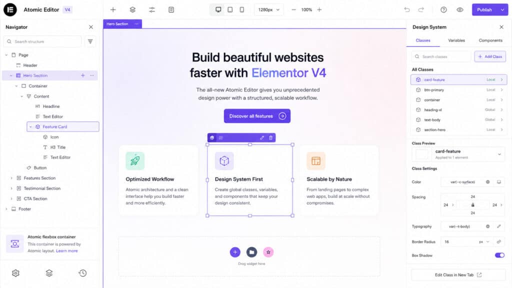 Elementor 4.2 cambia il page builder: Atomic Editor e Angie portano WordPress nell’era dei prompt 1 Mockup di Elementor Atomic Editor 4.2 con gestione di Classes e Variables nel design system