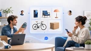 Rappresentazione di Facebook Marketplace con prodotti, venditore e acquirente
