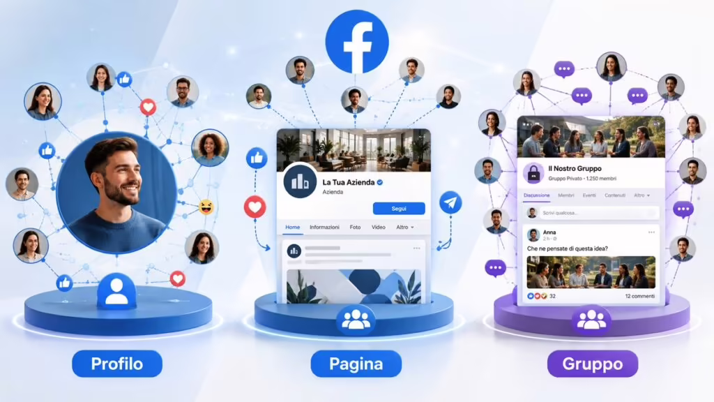 Facebook: cos’è, come funziona, a cosa serve e come usarlo 1 Differenza visiva tra Profilo, Pagina e Gruppo Facebook