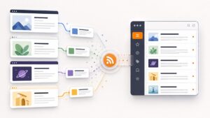 Flusso di contenuti da più siti raccolti e distribuiti tramite feed RSS