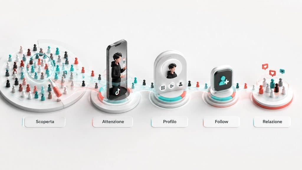 Followers TikTok: come aumentarli in modo organico e far crescere il profilo 1 Percorso da scoperta e attenzione alla visita del profilo, follow e relazione su TikTok