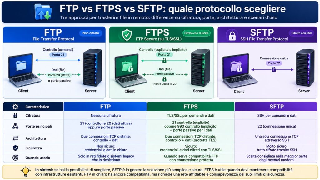 FTP (File Transfer Protocol): cos'è, come funziona, porte e sicurezza 2 Confronto tra FTP, FTPS e SFTP per cifratura, porte, architettura e sicurezza