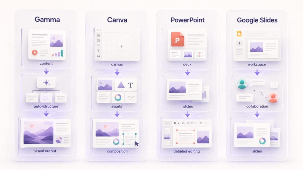 Gamma AI: cos’è, come funziona e quando usarlo per presentazioni, siti e contenuti visuali 2 Confronto dei workflow di Gamma AI, Canva, PowerPoint e Google Slides