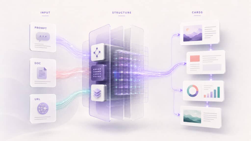 Gamma AI: cos’è, come funziona e quando usarlo per presentazioni, siti e contenuti visuali 1 Flusso di Gamma AI da prompt, documento o URL alla struttura organizzata in card