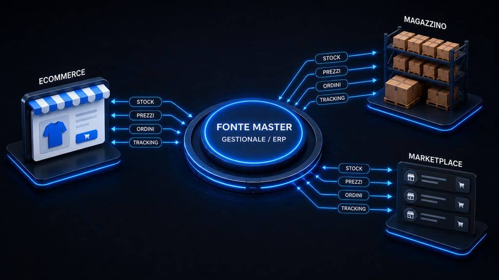 Gestionale per e-commerce: come scegliere il software giusto per ordini, magazzino e vendite 1 Schema della fonte master tra gestionale ERP, ecommerce, magazzino e marketplace