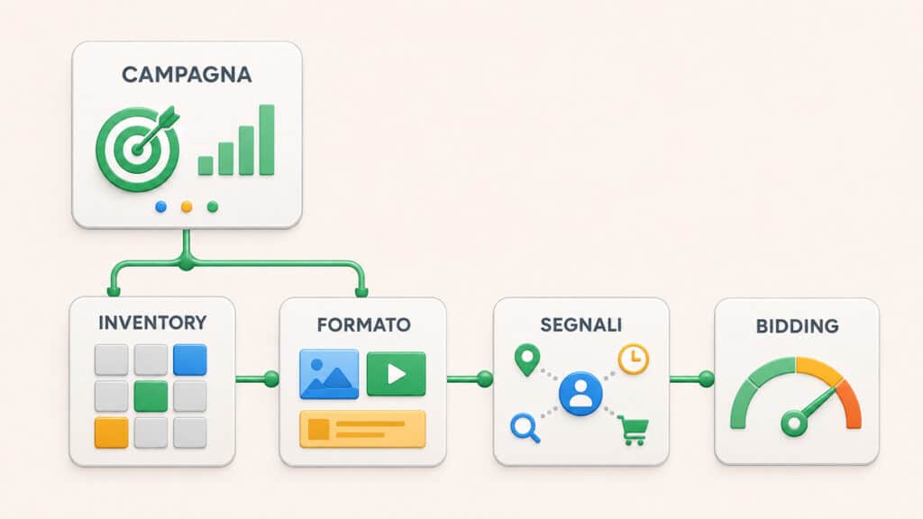 Google Ads: cos’è, come funziona, quanto costa e quale campagna scegliere 1 Gerarchia tra campagna, inventory, formato, segnali e bidding in Google Ads