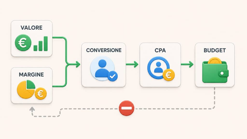 Google Ads: cos’è, come funziona, quanto costa e quale campagna scegliere 2 Schema per ricavare il budget Google Ads partendo da valore, margine, conversione e CPA