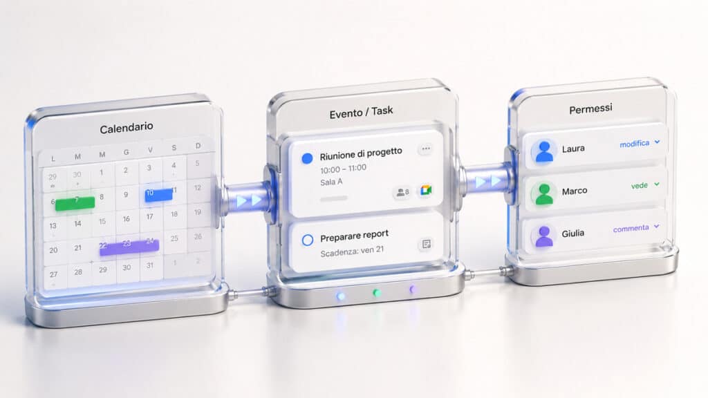 Google Calendar: cos’è, come funziona e come usarlo per organizzare eventi e appuntamenti 1 Flusso concettuale di Google Calendar dal calendario agli eventi e attività fino ai livelli di accesso delle persone.