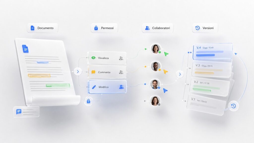 Google Docs: cos'è, come funziona e come usare Documenti Google 1 Flusso Google Docs da documento e permessi ai collaboratori e alla cronologia delle versioni