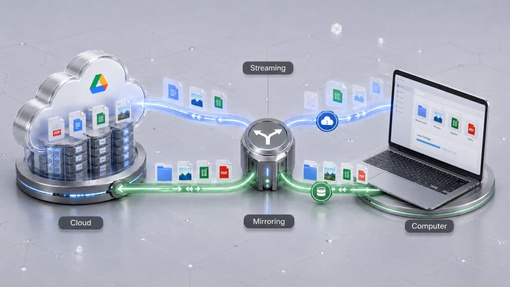 Google Drive: cos’è, come funziona e come usare il cloud di Google 1 Diagramma 3D che confronta streaming e mirroring tra cloud Google Drive e computer locale.