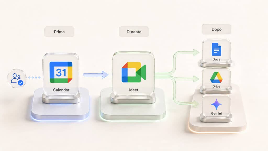 Google Meet: cos'è, come funziona e come fare videoconferenze 2 Workflow da Google Calendar a Meet fino a Docs, Drive e Gemini dopo la riunione