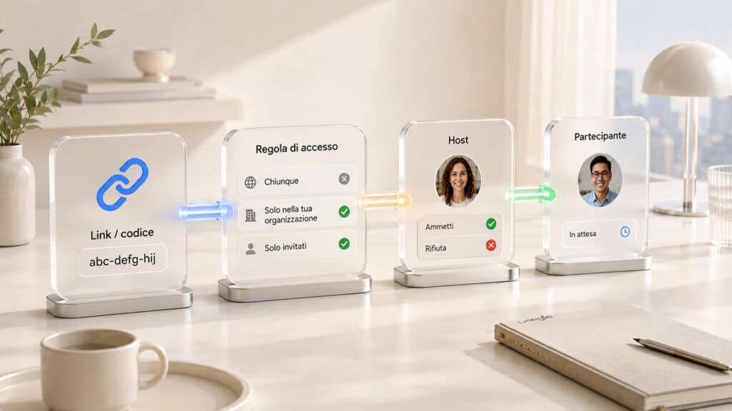 Google Meet: cos'è, come funziona e come fare videoconferenze 1 Schema di link, regole di accesso, host e partecipante in una riunione Google Meet